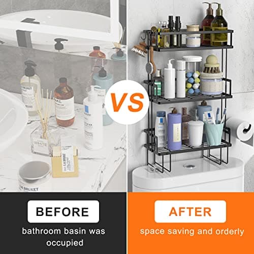 3-Tier Over-The-Toilet Storage Shelf with Hooks - Punch-Free Bathroom Organizer, Black