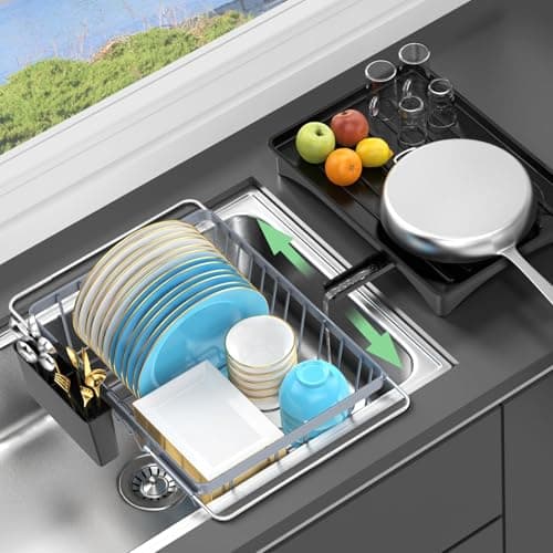 LEMIKKLE Space-Saving Expandable Dish Drying Rack with Cutlery Holder - Grey