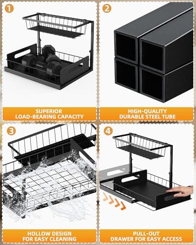 Mythinglogic 2 Tier Pull Out Under Sink Organizer, Metal Kitchen & Bathroom Storage