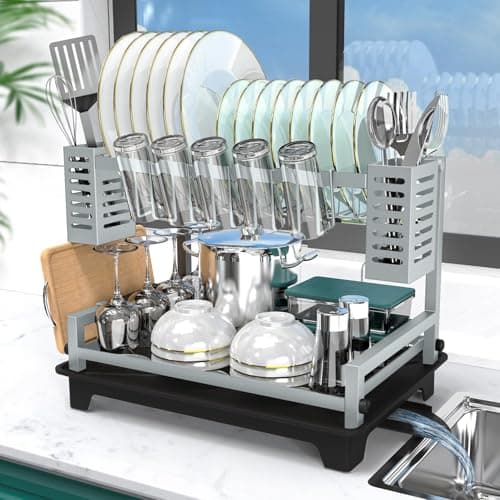 B-Land 2-Tier Kitchen Dish Drying Rack with Drainboard and Utensil Holders