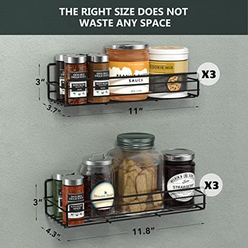 Moforoco Wall-Mount Spice Rack Organizer (6-Pack) - Black Pantry Shelves for Farmhouse Kitchen Decor