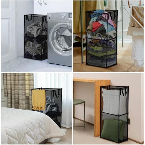 Large Collapsible Laundry Hamper, Black Mesh Basket for Bathrooms, Bedrooms, and Travel