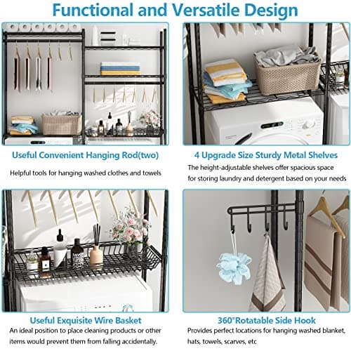 Loomie Over the Washer and Dryer Shelf, 5-Tier Organizational Rack with Hooks and Rods