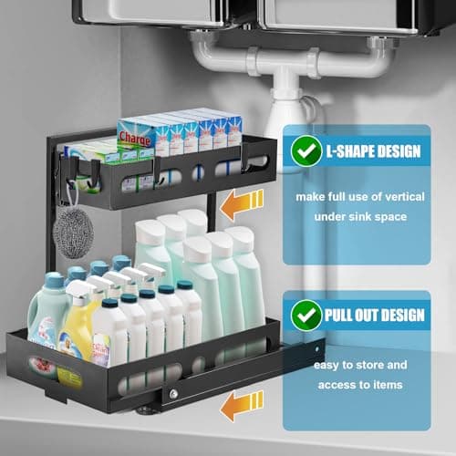 2-Tier Metal Under Sink Organizer with Adjustable Height for Kitchen and Bathroom