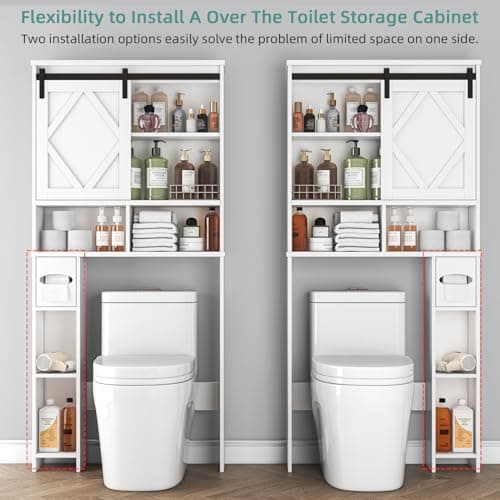 White Farmhouse Sliding Door Toilet Cabinet with Storage & Organizer