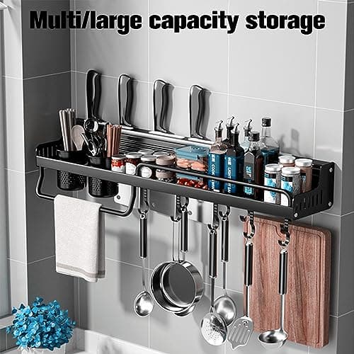 Space-Saving Hanging Spice & Pot Rack with Hooks, Kitchen Utensil Organizer