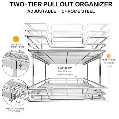 2-Tier Kitchen Cabinet Pull-Out Shelf and Drawer Organizer for Pantry Storage (Multiple Sizes Available: 22½ W x 21½)