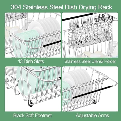 Adjustable 304 Stainless Steel Sink Dish Drier Rack with Utensil Holder