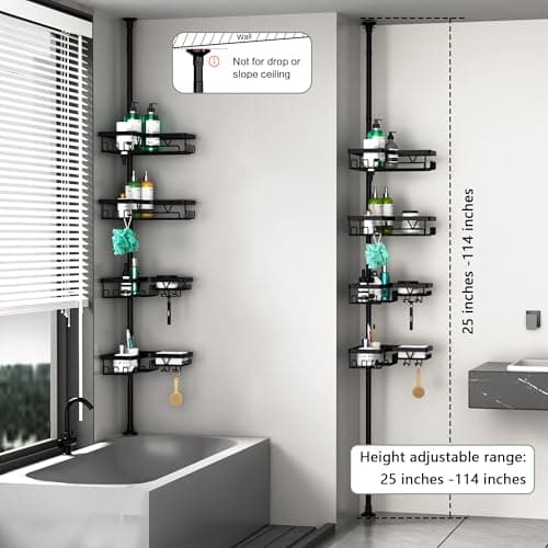 Stainless Steel 4 Tier Corner Shower Caddy - Adjustable 25-114.2 Inch Pole