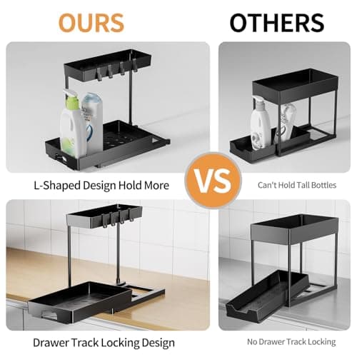 Delamu Under Sink Organizers: 2 Pack L-Shaped Pull-Out Cabinet Storage with Drawer for Bathroom and Kitchen
