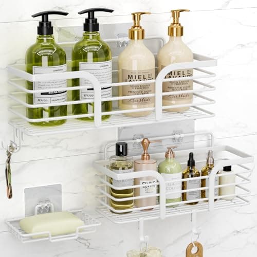 Rustproof Stainless Steel Shower Organizer, Soap Dish & 4 Hooks, Adhesive Mount No Drill Shelf Basket Accessories