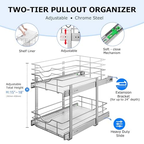 WelFurGeer 2-Tier Stainless Steel Cabinet Organizer with Soft Close Slides and Chrome Wire Basket