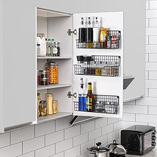 Wall-Mounted Spice Rack Set of 4 - Space-Saving Organizer for Kitchen Cabinets and Pantry Doors, Black