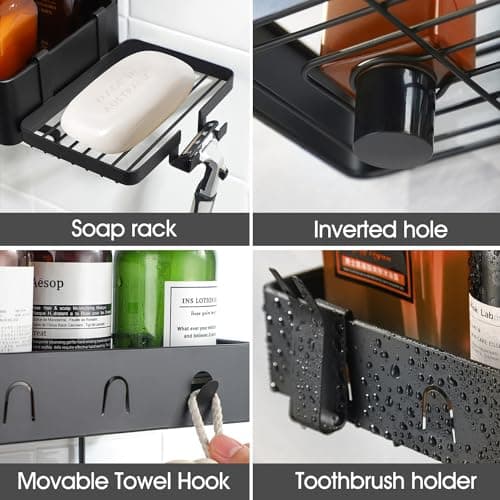 KEGII Black Waterproof Shower Caddy with Soap Holder - No Drilling, Better Than Corner Shelves