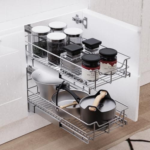 Chrome Plated 2 Tier Pull Out Kitchen Cabinet Organizer, Heavy Duty Drawers, 17" W X 22" D