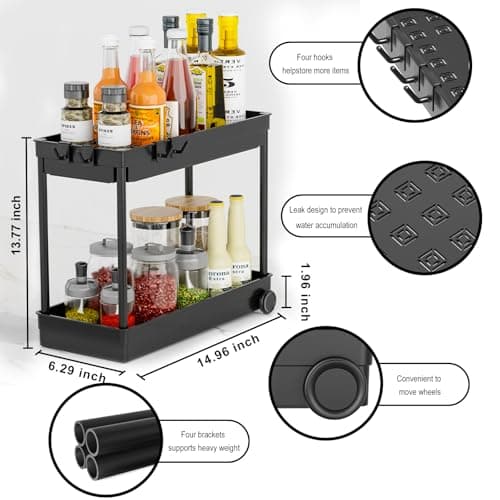 ASOBAGE 2 Tier Sliding Cabinet Organizer with Hooks - Black, Multi-Purpose Sink Storage (2 Pack)