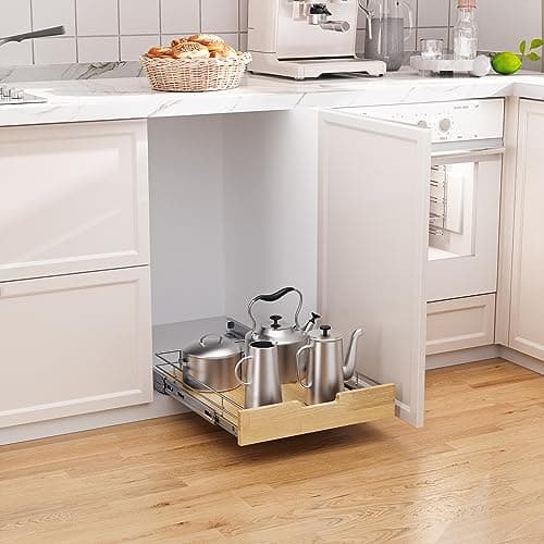Heavy-Duty Wood and Wire Basket Pull Out Cabinet Organizer for Kitchen Pantry bathroom (14x21in)
