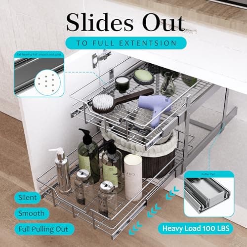 Chrome Plated 2 Tier Pull Out Kitchen Cabinet Organizer, Heavy Duty Drawers, 17" W X 22" D