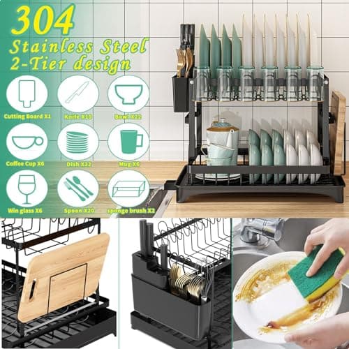 2-Tier Large Stainless Steel Dish Drying Rack with Drainboard for Kitchen Counter, Black