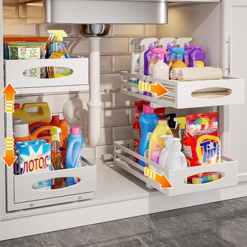 Sink Cabinet Organizers 2 Pack, Pull Out Steel Shelves for Kitchen Bathroom Storage (Black)