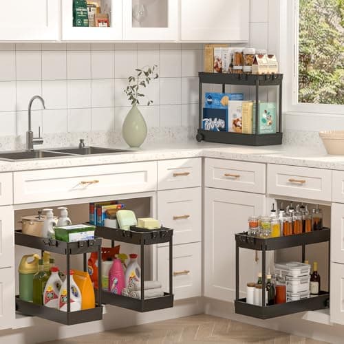 ASOBAGE 2 Tier Sliding Cabinet Organizer with Hooks - Black, Multi-Purpose Sink Storage (2 Pack)