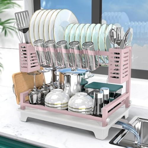 B-Land 2-Tier Kitchen Dish Drying Rack with Drainboard and Utensil Holders