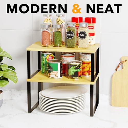 SpaceAid 2 Pack Kitchen Counter Shelf Organizers, Stackable Spice Racks (Black and Natural, Short)