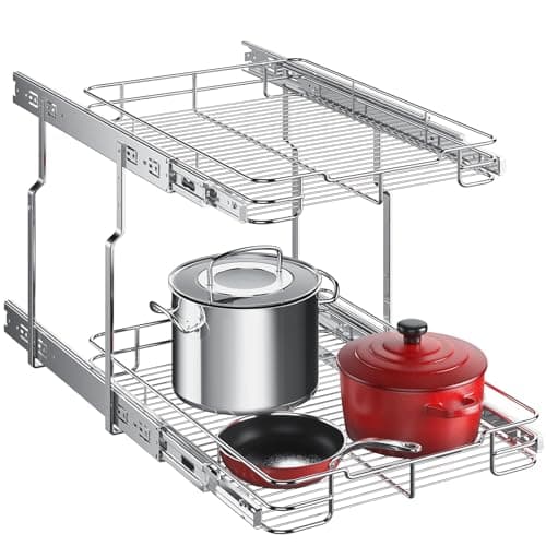 Delamu 2-Tier Pull Out Shelf for Kitchen Cabinet, Pantry, Bathroom (14" W x 21" D)