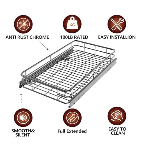 Premium Heavy-Duty Metal Slide Out Shelves for Kitchen Cabinets (17" W x 21" D) Anti-Rust Chrome Finish