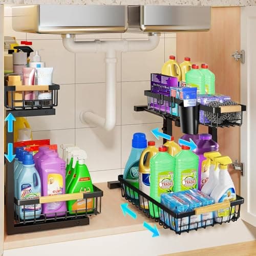Upgraded 2-Pack 3.0 2-Tier Under Sink Organizer, Sliding Cabinet Shelf with Hooks & Cups, Rust-Resistant Black