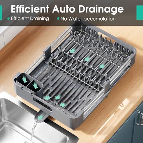 Extendable Gray Dish Drying Rack with Drainboard & Cutlery Holder