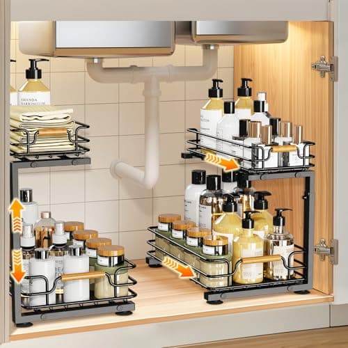 Under Sink Organizer for Kitchen and Bathroom, Metal Sliding Drawer, 2 Tier Storage - Black (2 Pack)