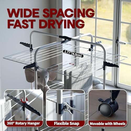 APEXCHASER 3-Tier Collapsible Laundry Rack with Wheels & Hooks, White