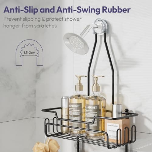 SWTYMIKI 3-Tier Over Shower Head Organizer - Black, 16 Hooks, Anti-Swing, Rustproof