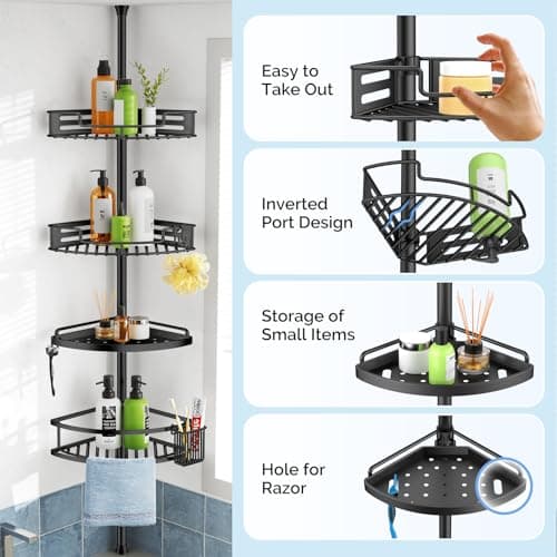 Hamitor 4-Tier Rustproof Bathroom Organizer - 47-121 inch Adjustable Shelving Rack - Black