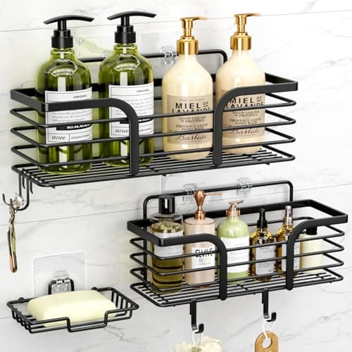 Rustproof Stainless Steel Shower Organizer, Soap Dish & 4 Hooks, Adhesive Mount No Drill Shelf Basket Accessories