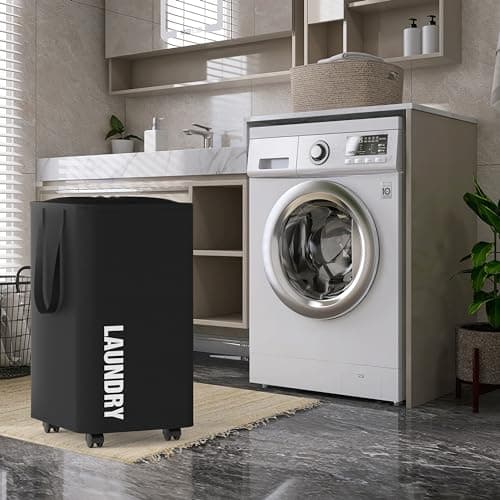 Black 82L Laundry Basket with Wheels and Drawstring Closure