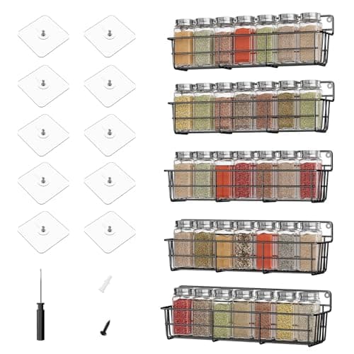 5-Pack Wall-Mounted Spice Rack Organizer for Kitchen, Black