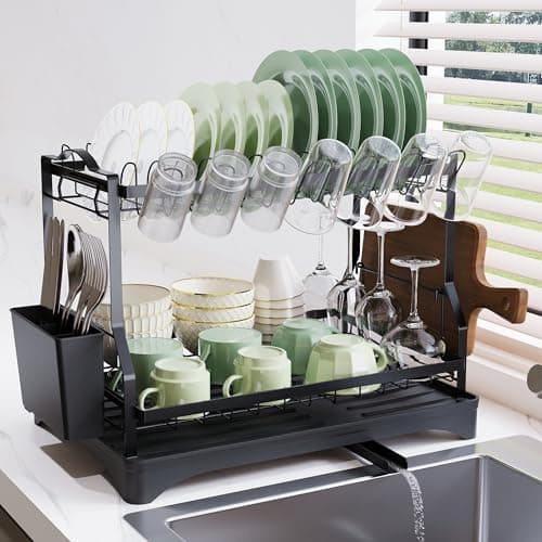 2-Tier Dish Drying Rack for Kitchen Counter - Space-Saving, Large Capacity with Drainboard, Screw-Free Mounting, Black