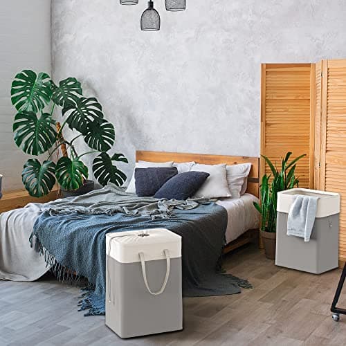 Gray Collapsible Laundry Hamper, 75L Rectangle Cotton Basket with Drawstring Handles, Pack of 2