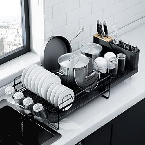 Kitsure Extendable Large Dish Drying Rack with Cutlery and Cup Holders - Anti-Rust Kitchen Organizer