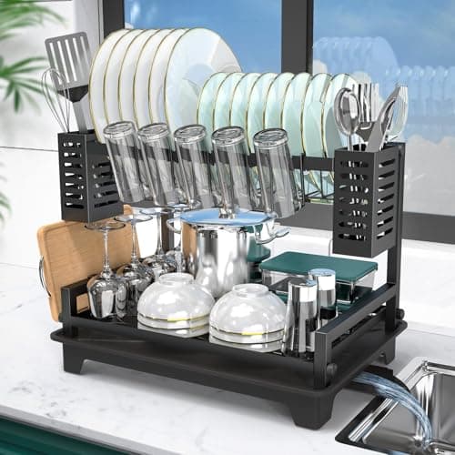 B-Land 2-Tier Kitchen Dish Drying Rack with Drainboard and Utensil Holders