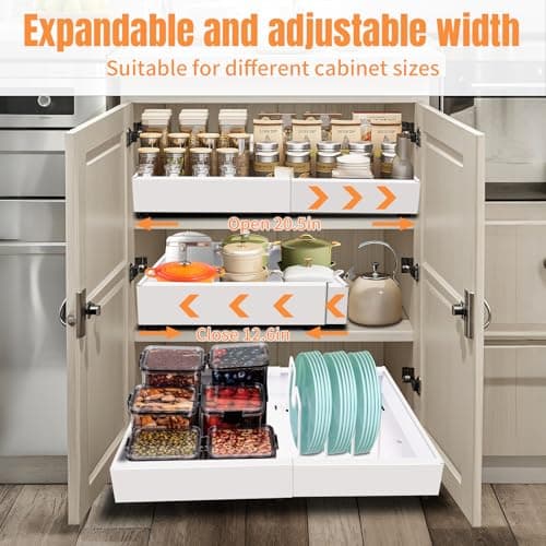 White Expandable Cabinet Organizer, 11.7"-19.7" Pull Out Drawer with 4 Dividers for Kitchen, Pantry, Bathroom