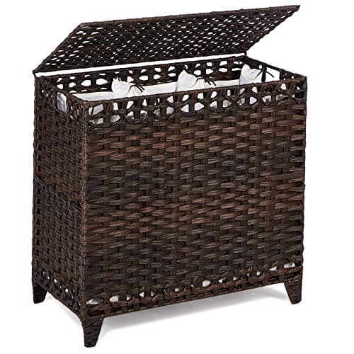 Laundry Basket with 3 Liner Bags; 132L Rattan Basket with Lid & Feet; Sorter with 3 Sections (Brown)