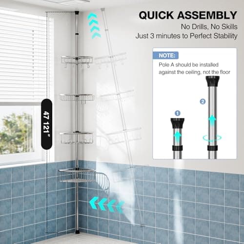 Stainless Steel 4-Tier Corner Shower Caddy - 47-121 Inch Adjustable Bath Rack - Silver