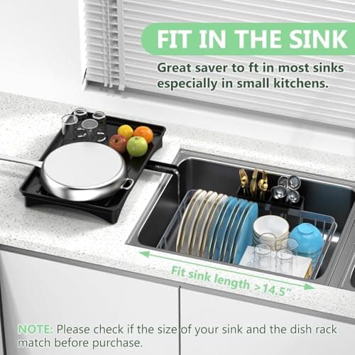 LEMIKKLE Space-Saving Expandable Dish Drying Rack with Cutlery Holder - Grey