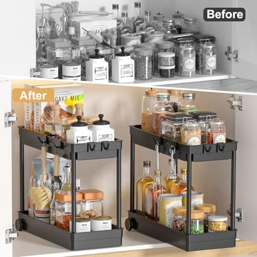 ASOBAGE 2 Tier Sliding Cabinet Organizer with Hooks - Black, Multi-Purpose Sink Storage (2 Pack)