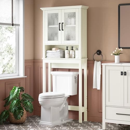 Thick Frame Over Toilet Storage Cabinet with Doors, Cream White