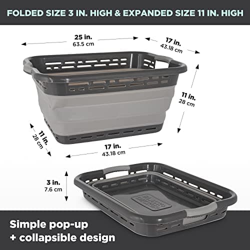 BLACK+DECKER Portable 25" Slim Laundry Basket - Ideal for Small Spaces & Travel, Black