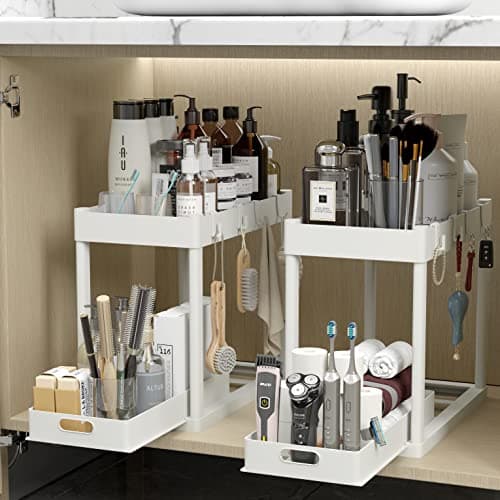 Black 2PC Under Sink Organizer Rack with Hooks for Bathroom Kitchen